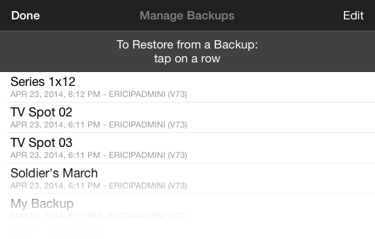 Image: MovieSlate Cloud Backup - Choose a backup to Restore