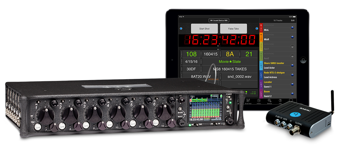 Image: Sound Devices 688, Timecode Systems Wave, MovieSlate 8.5 Sound Dept syncing