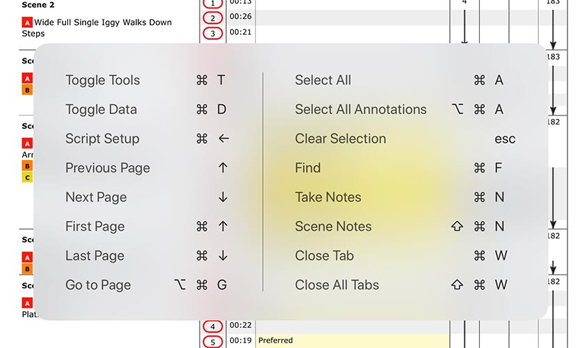 Image: MovieSlate 8 Script Dept iPad OS Keyboard Shortcuts
