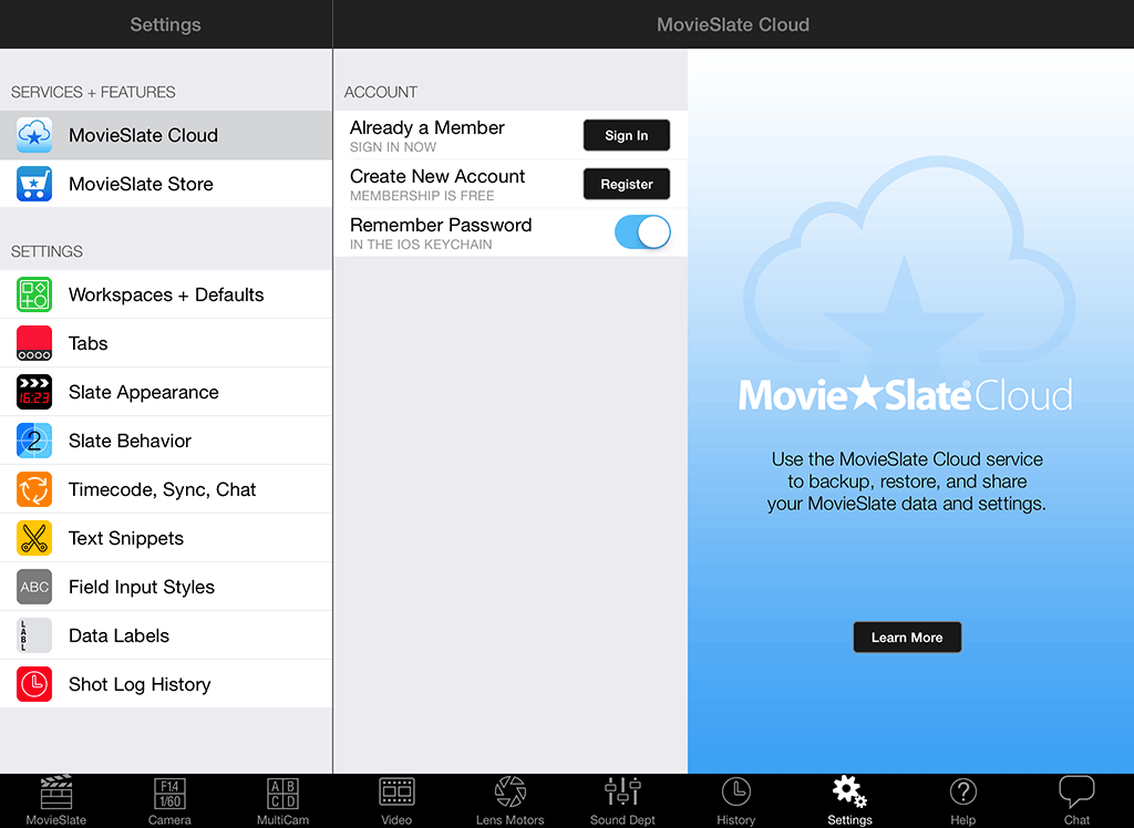 Screen shot: MovieSlate Cloud Sign-in