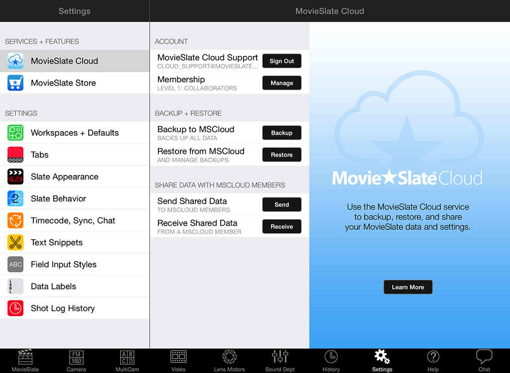Screen shot: MovieSlate Cloud Sign-in