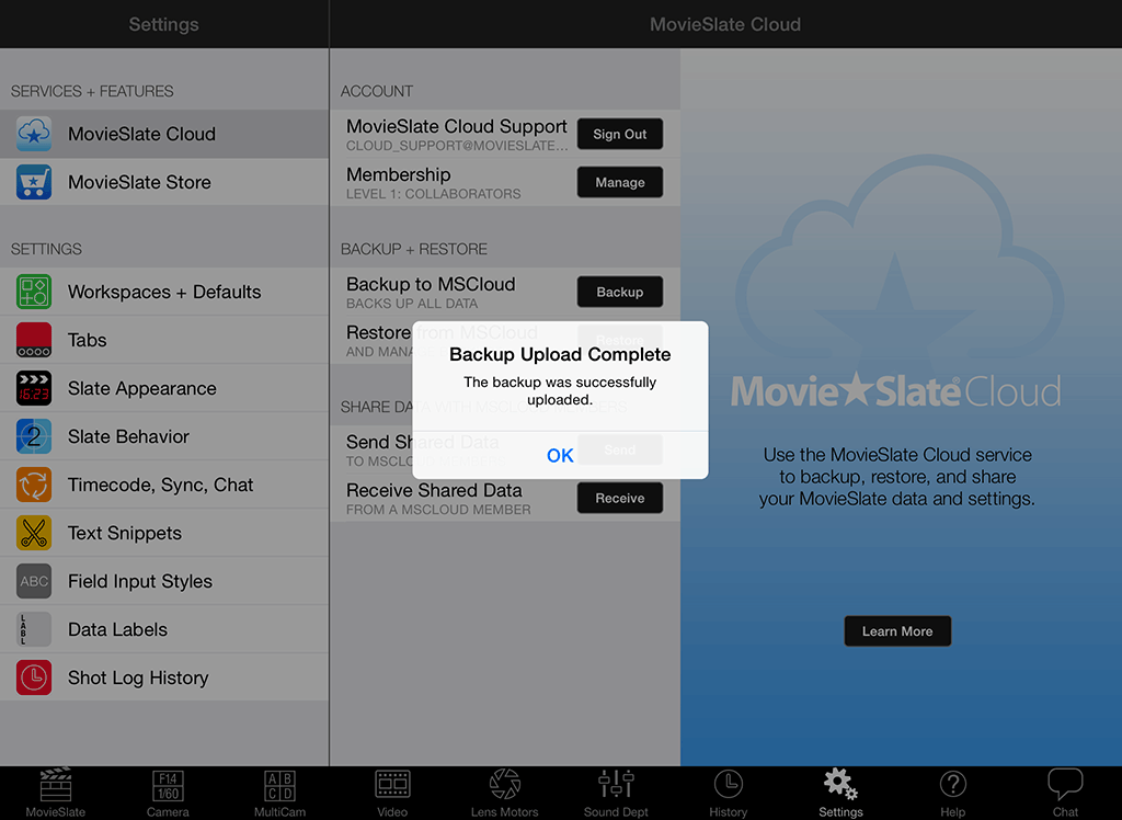 Screen shot: MovieSlate Cloud Sign-in