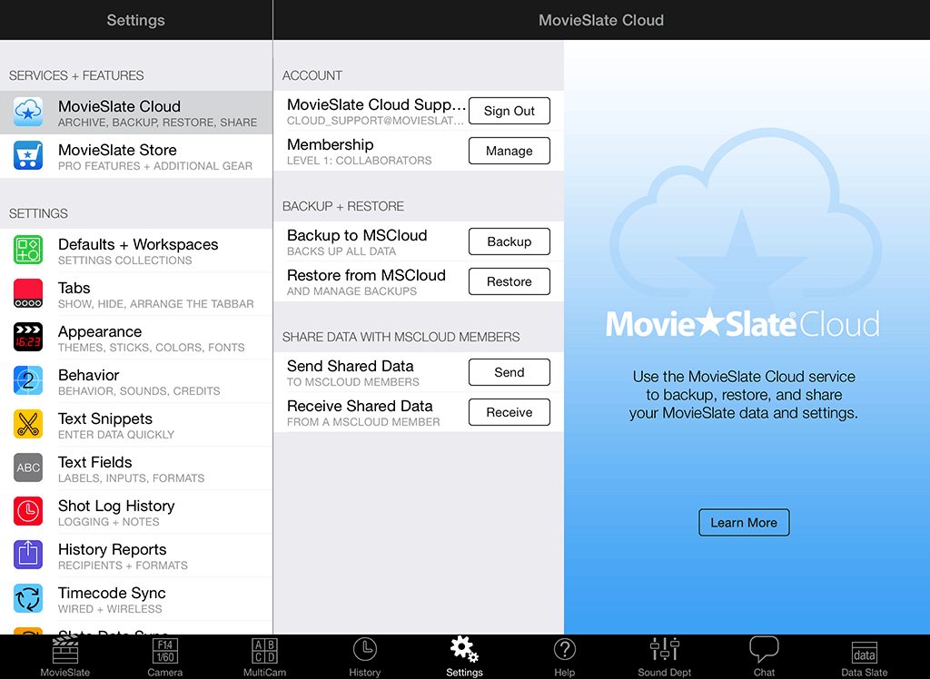 Screen shot: MovieSlate Cloud Sign-in