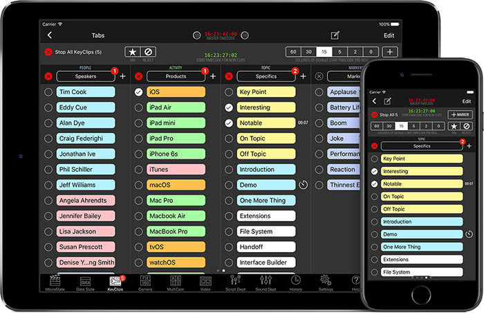 Image: KeyClips logging interfaces on iPad and iPhone