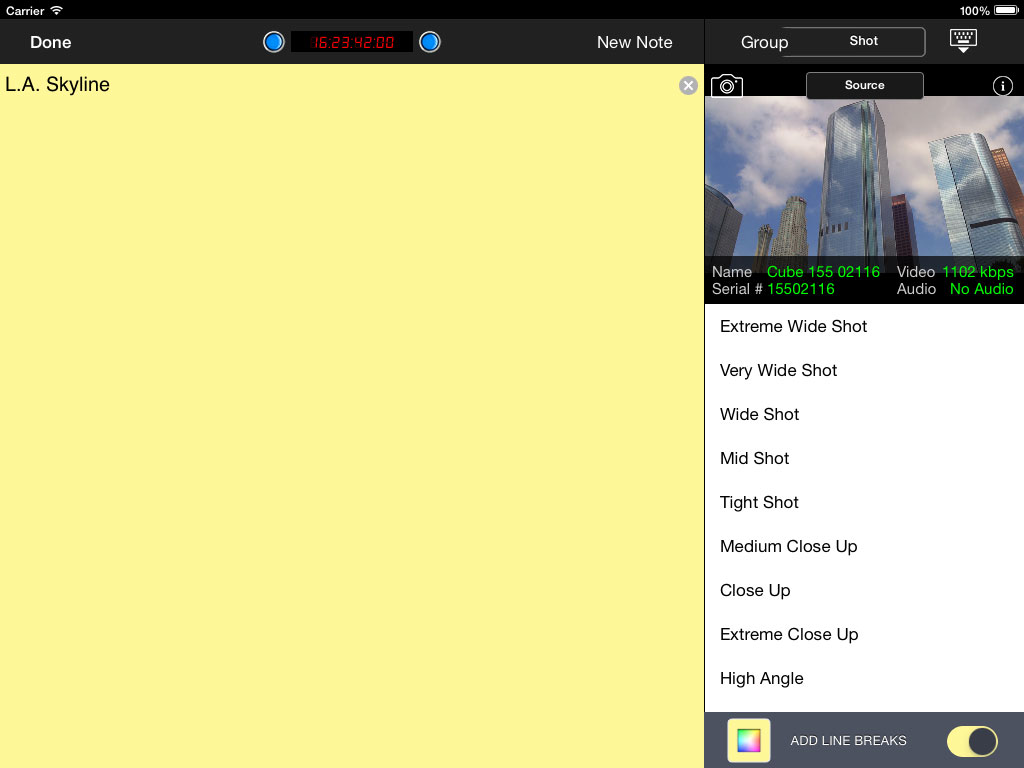 Image: MovieSlate Notes view with streaming video from Teradek Cube