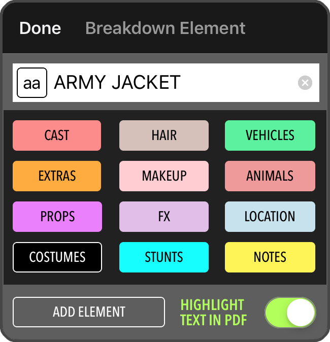 Image: Script Breakdown Element Tool