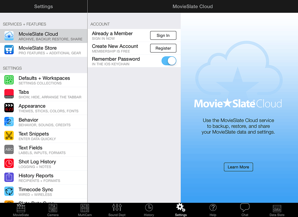 Screen shot: MovieSlate Cloud Sign-in